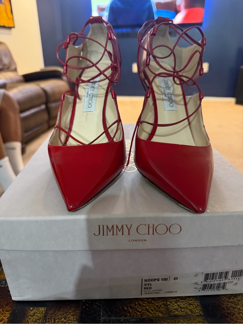 Jimmy Choo Red Patent Pointed-Toe Lace-Up Pumps